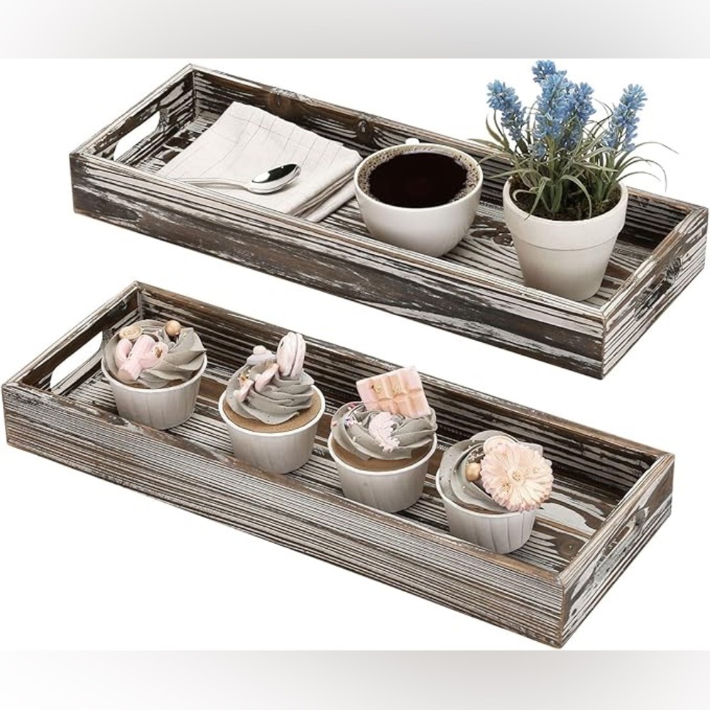 Two 16 x 6 Inch Rustic Torched Brown Wood Decorative Trays with Cutout Handles